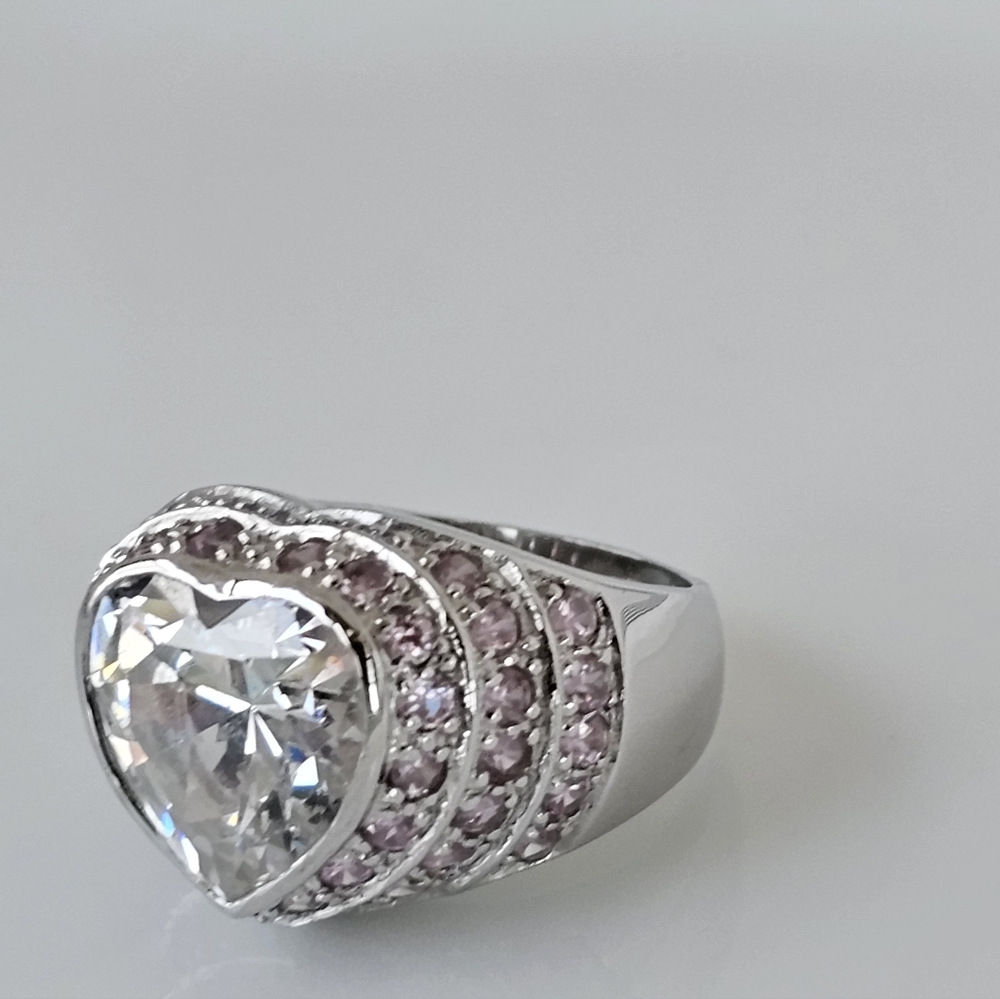 Perfect Heart Shaped Diamond & Pink Sapphire Simulant Ring Sterling Silver Sz 6! - Picture 3 of 6
